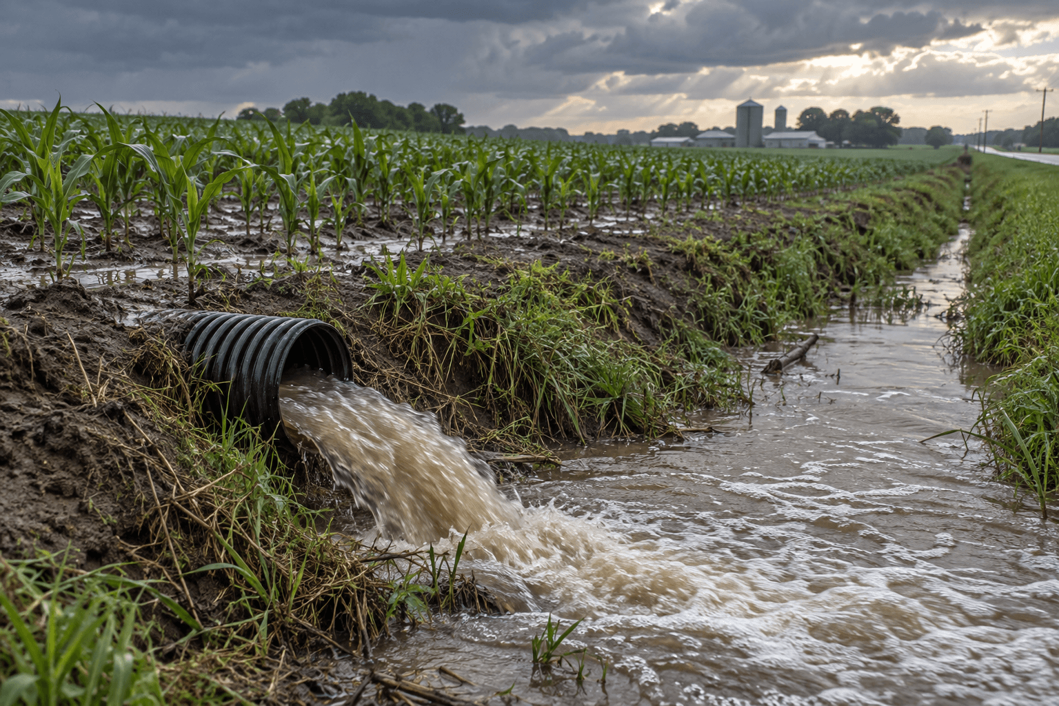 A drainage pipe discharging runoff water from a farm field into a roadside ditch.